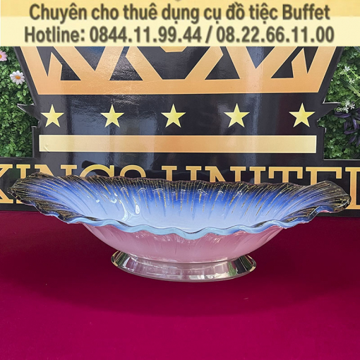Đĩa thủy tinh bầu dục viền xanh kim tuyến vàng (63x37cm)